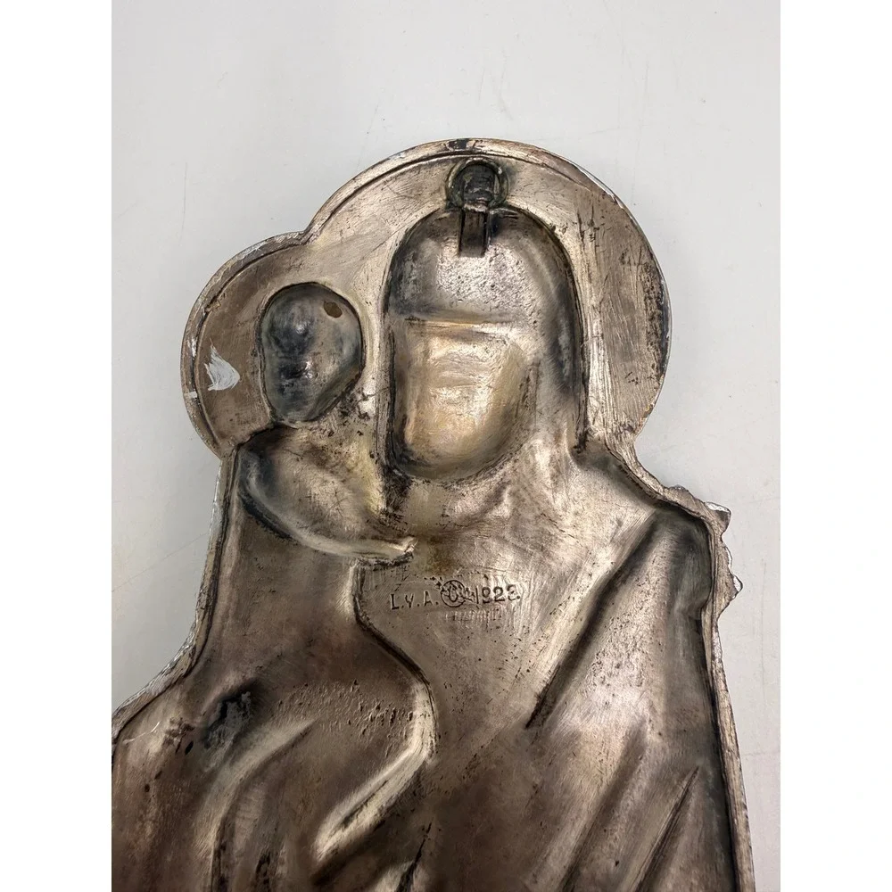 Vintage L.V.A. 1923 Saint Joseph and Child Jesus Silver Tone Relief Plaque 6.25
